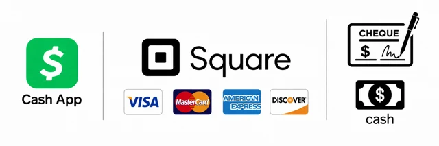 We accept Cash App, Square, Visa, Mastercard, American Express, Discover, Cheque, and Cash